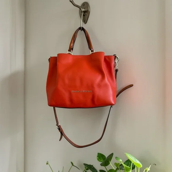 Dooney & Bourke City Barlow Satchel Orange Leather Crossbody Handbag Tan Trim - Picture 11 of 11